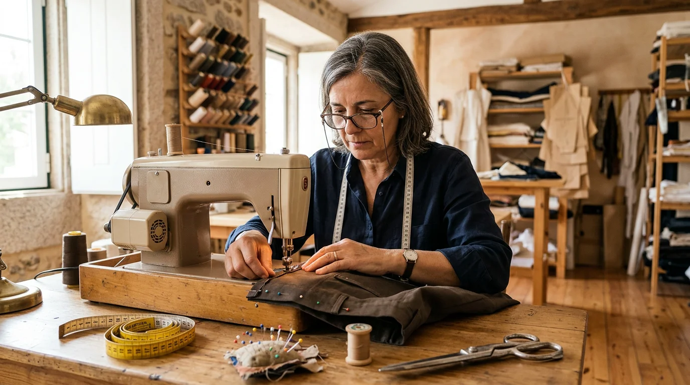 Costureira a executar arranjos de costura num atelier em Lisboa