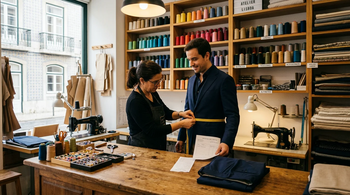 Cliente a entregar um fato para arranjos de costura num atelier de Lisboa