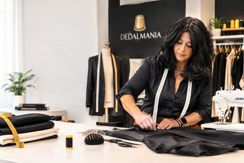 Fundadora da Dedalmania a trabalhar em arranjos de costura