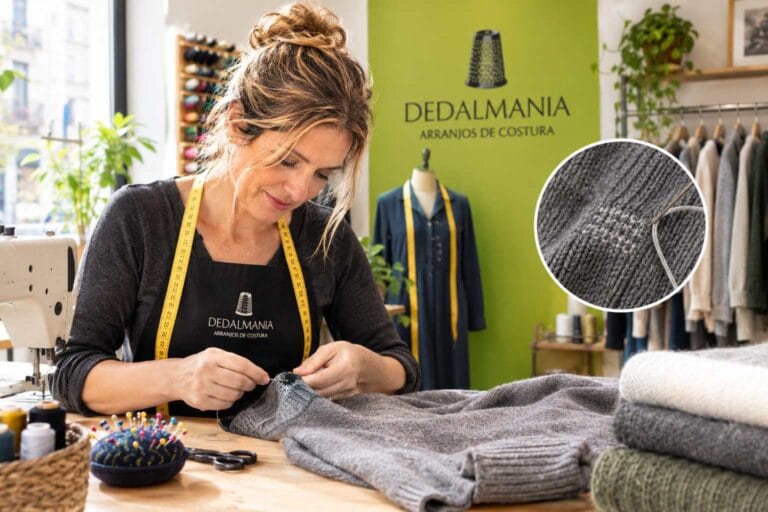 Costureira a reparar uma camisola de malha no atelier Dedalmania
