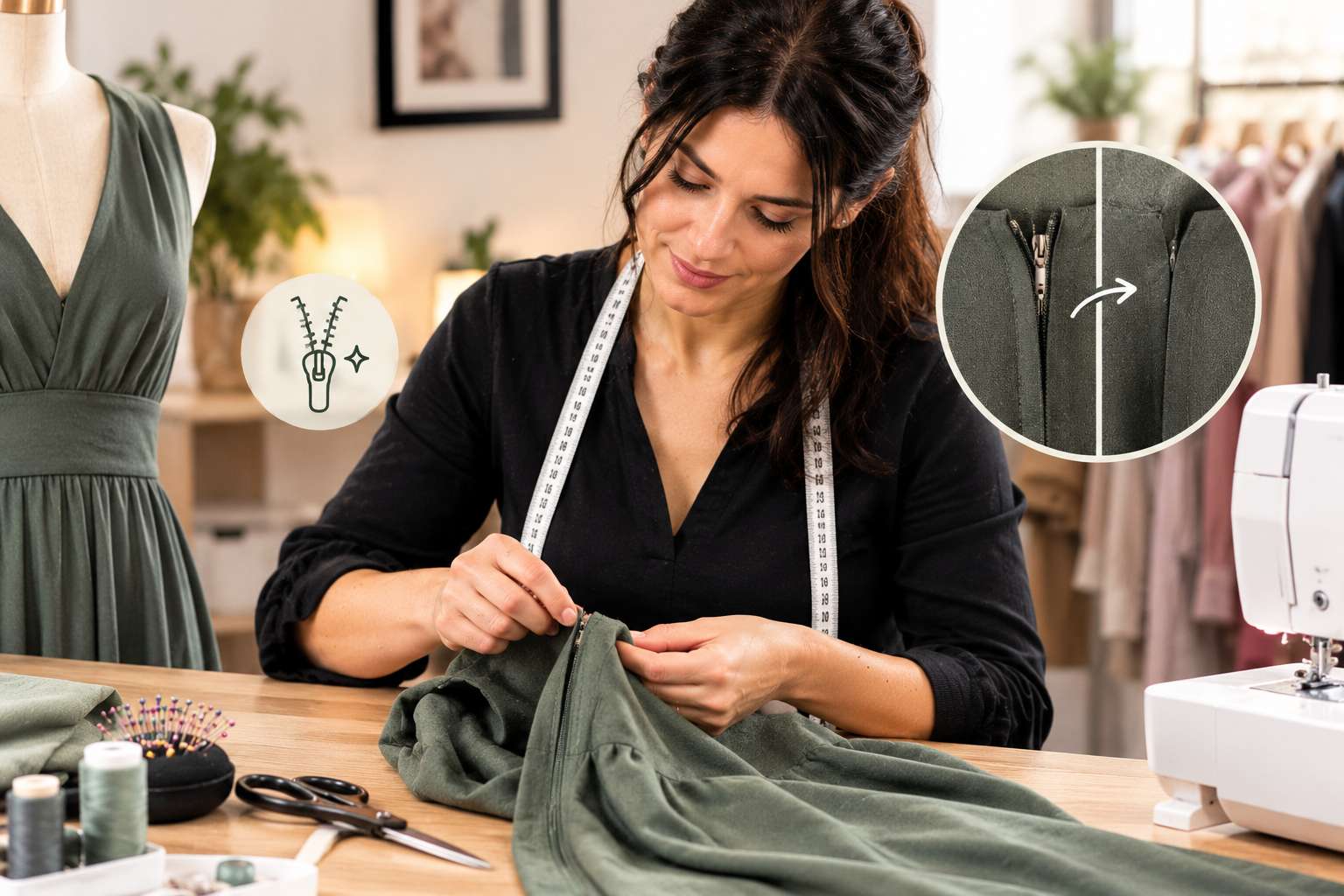 Costureira a reparar o fecho invisível de um vestido verde